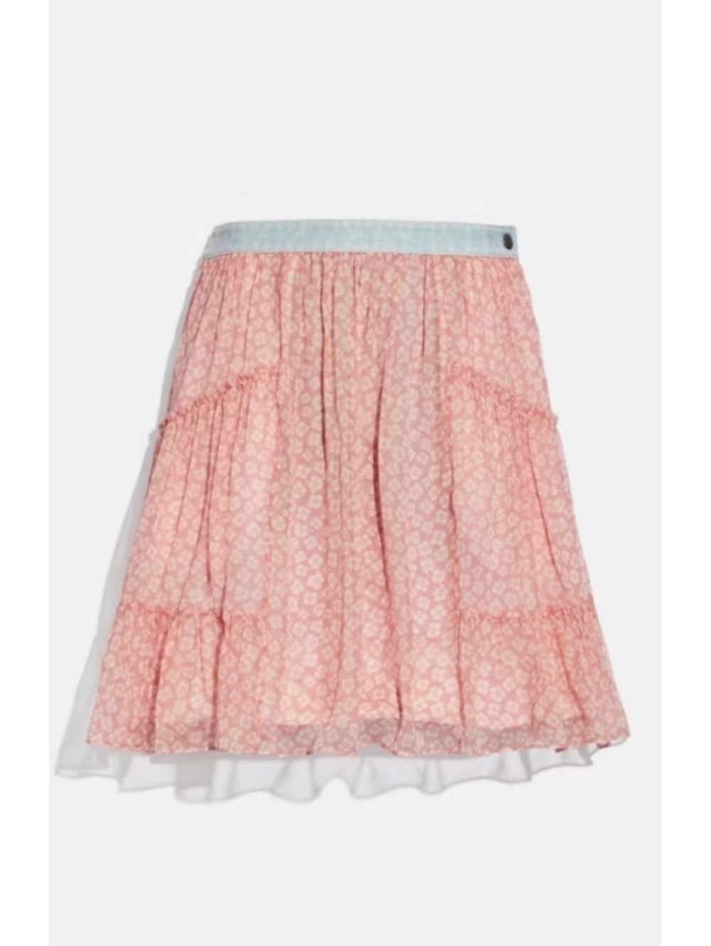 NWOT Coach Denim Waistband 100% Silk mixed media floral pink skirt 8 boho